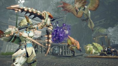 《Monster Hunter Rise》螢幕截圖，描繪一名獵人在毒狗龍王和傘鳥逼近之際舉起弓和箭