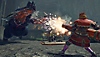 《Monster Hunter Rise》螢幕截圖，描繪一名獵人舉起重弩，朝猛衝而來的雪鬼獸射擊