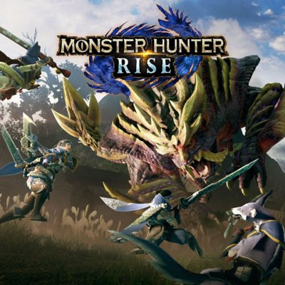 Arte guía de Monster Hunter Rise que muestra a personajes luchando contra un dragón.