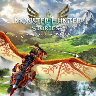 Monster Hunter Stories 2: Wings of Ruin key art depicting a rider flying on the back of a Rathalos over a lush field.