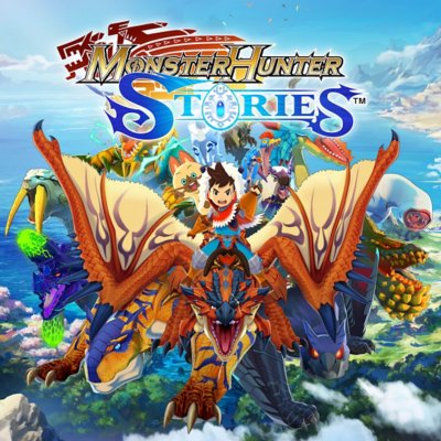 Monster Hunter Stories key art showing the hero on the back of a Rathalos, flanked by other iconic monsters from the series.