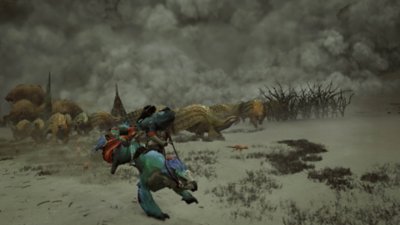 Monster Hunter Wilds screenshot showing a hunter riding his mount away from stampeding creatures as a huge dust cloud approaches.
