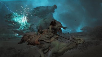 《Monster Hunter Wilds》截屏：一名猎人骑着坐骑狂奔，背景中的一只生物刚好被闪电击中，其背部棘刺似乎可以吸引闪电。
