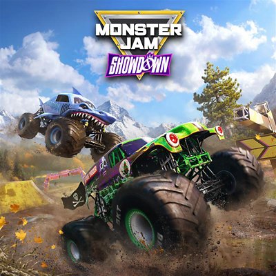 monstar jam showdown store art featuring toy like off road vehicles driving
