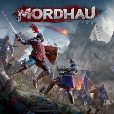 Key-Artwork von MORDHAU mit kämpfenden Kriegern in Rüstung.