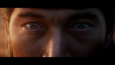 《真人快打 1》螢幕截圖，呈現劉康的雙眼