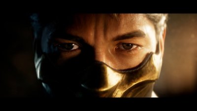 Captura de pantalla de Mortal Kombat 1 de Scorpion mirando a la cámara