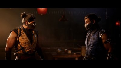 Captura de pantalla de Mortal Kombat 1 de Scorpion y Sub-Zero mirándose.
