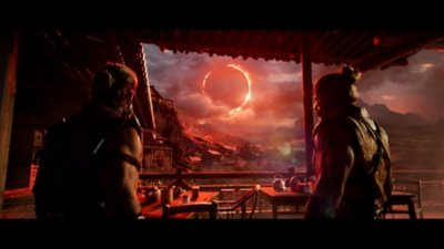 Captura de ecrã do Mortal Kombat 1 que mostra o Sub Zero e o Scorpion a olhar fixamente para um eclipse