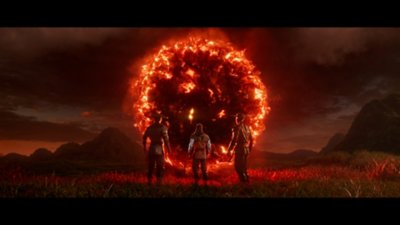 Captura de ecrã do Mortal Kombat 1 que mostra três bravos guerreiros a entrar num portal flamejante
