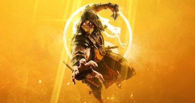 Mortal Kombat 11 – key art på karaktären Scorpion mot en gul bakgrund.