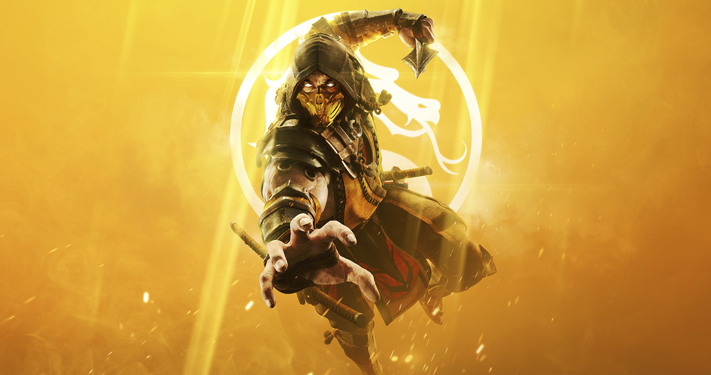Mortal Kombat 11-nøglegrafik med figuren Scorpion imod en gul baggrund.