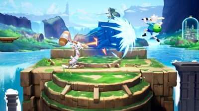 MultiVersus - captura de ecrã que mostra combate entre Bugs Bunny e Finn the Human