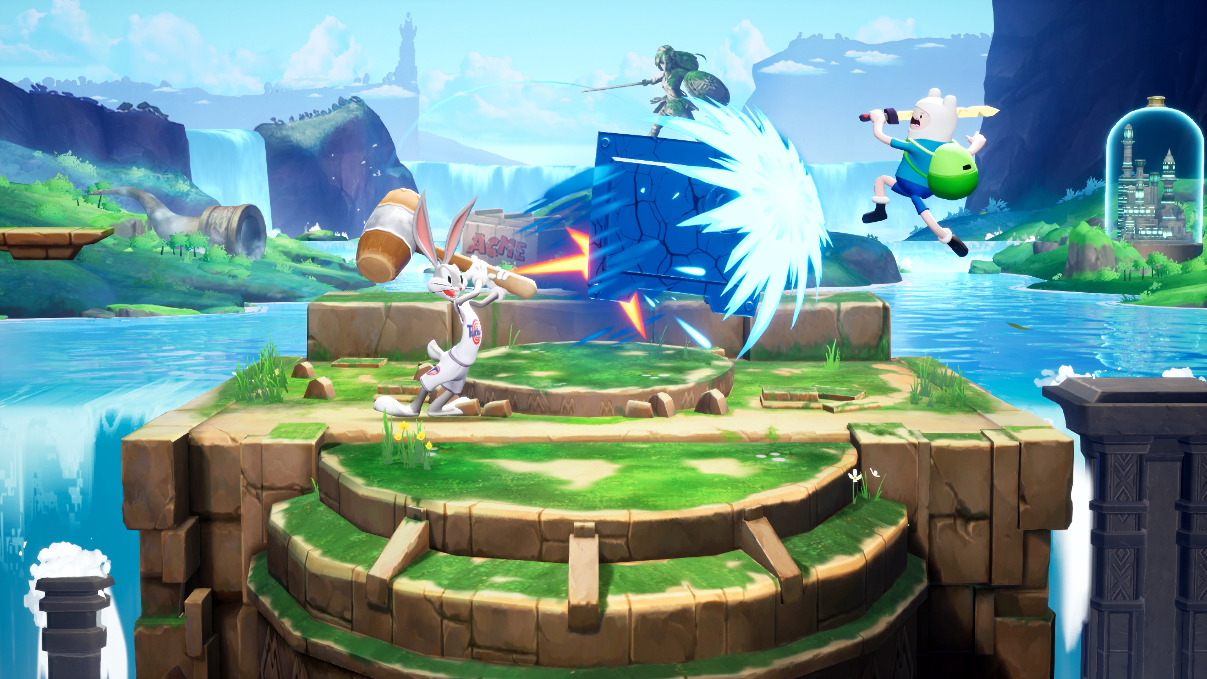 Captura de pantalla de MultiVersus que muestra el combate entre Bugs Bunny y Finn el Humano