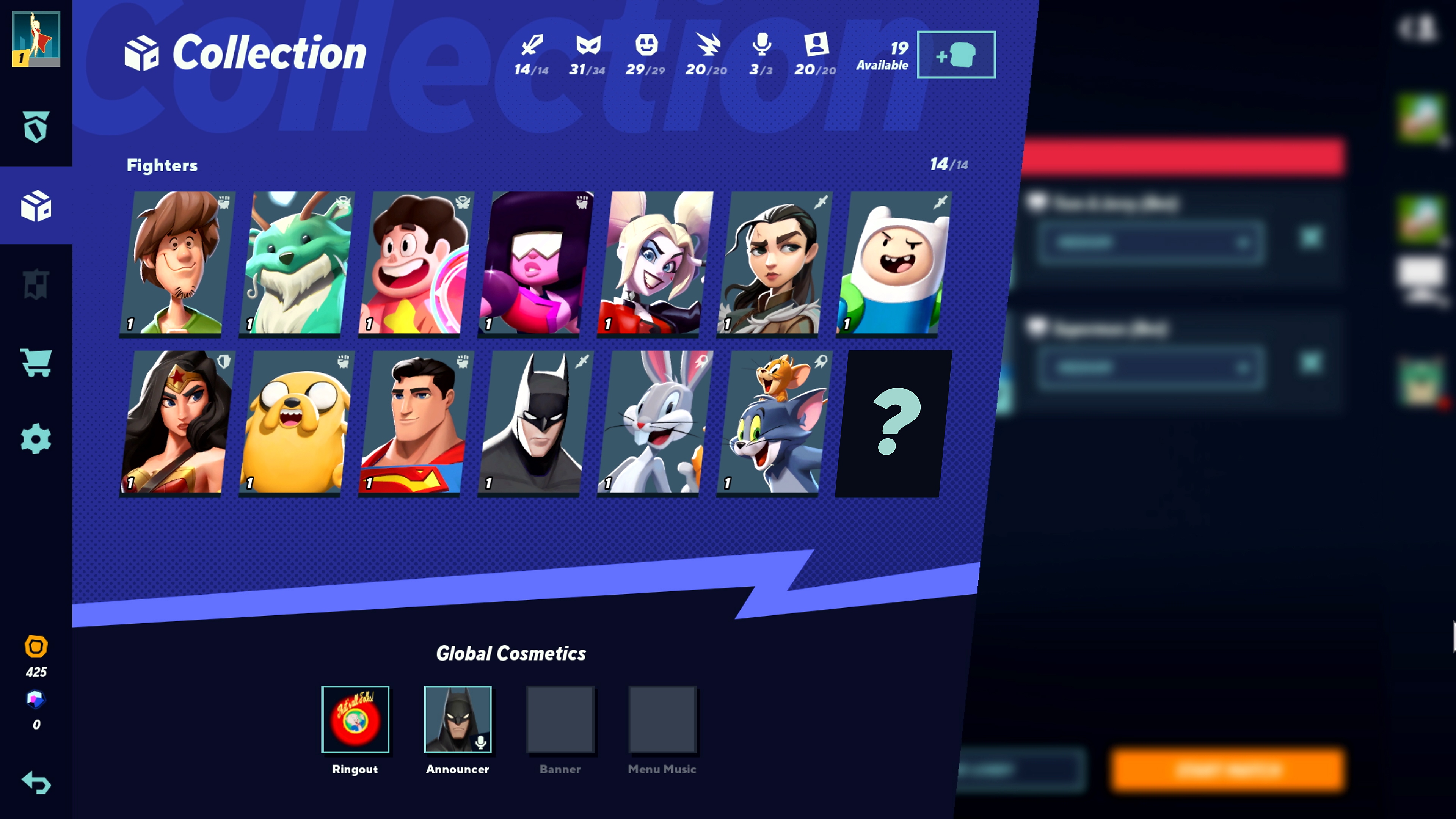 Captura de pantalla de MultiVersus que muestra una colección de personajes
