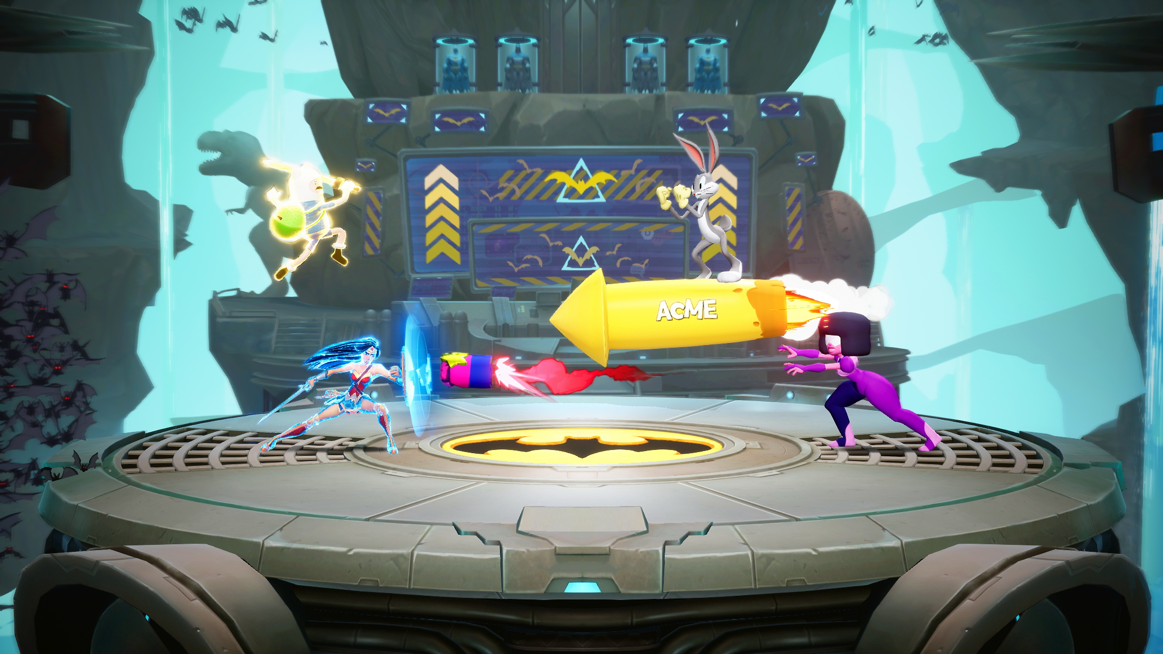 MultiVersus - Istantanea della schermata che mostra un combattimento in un'arena ispirata alla Batcaverna