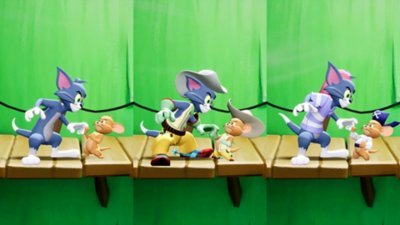 MultiVersus-Screenshot, der verschiedene Outfits von Tom & Jerry zeigt.