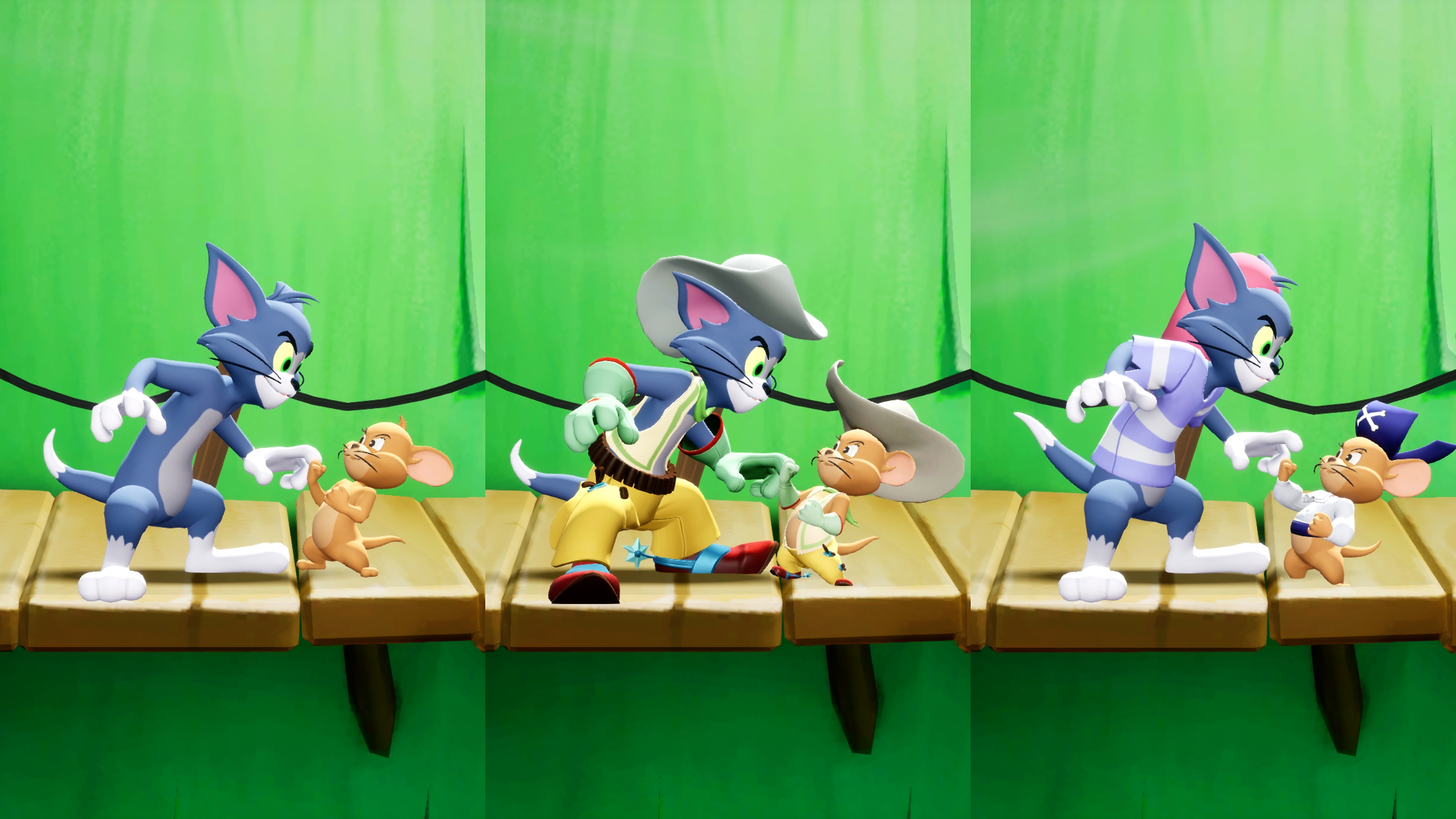 لقطة شاشة للعبة MultiVersus تعرض أزياء متنوعة لـ Tom و Jerry