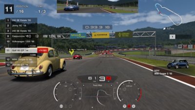 My First Gran Turismo screenshot showing a gameplay screenshot of a race, with the player following a Volkswagen Beetle