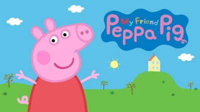 Peppa staat voor haar huis te zwaaien in My Friend Peppa Pig op PS4/PS5.