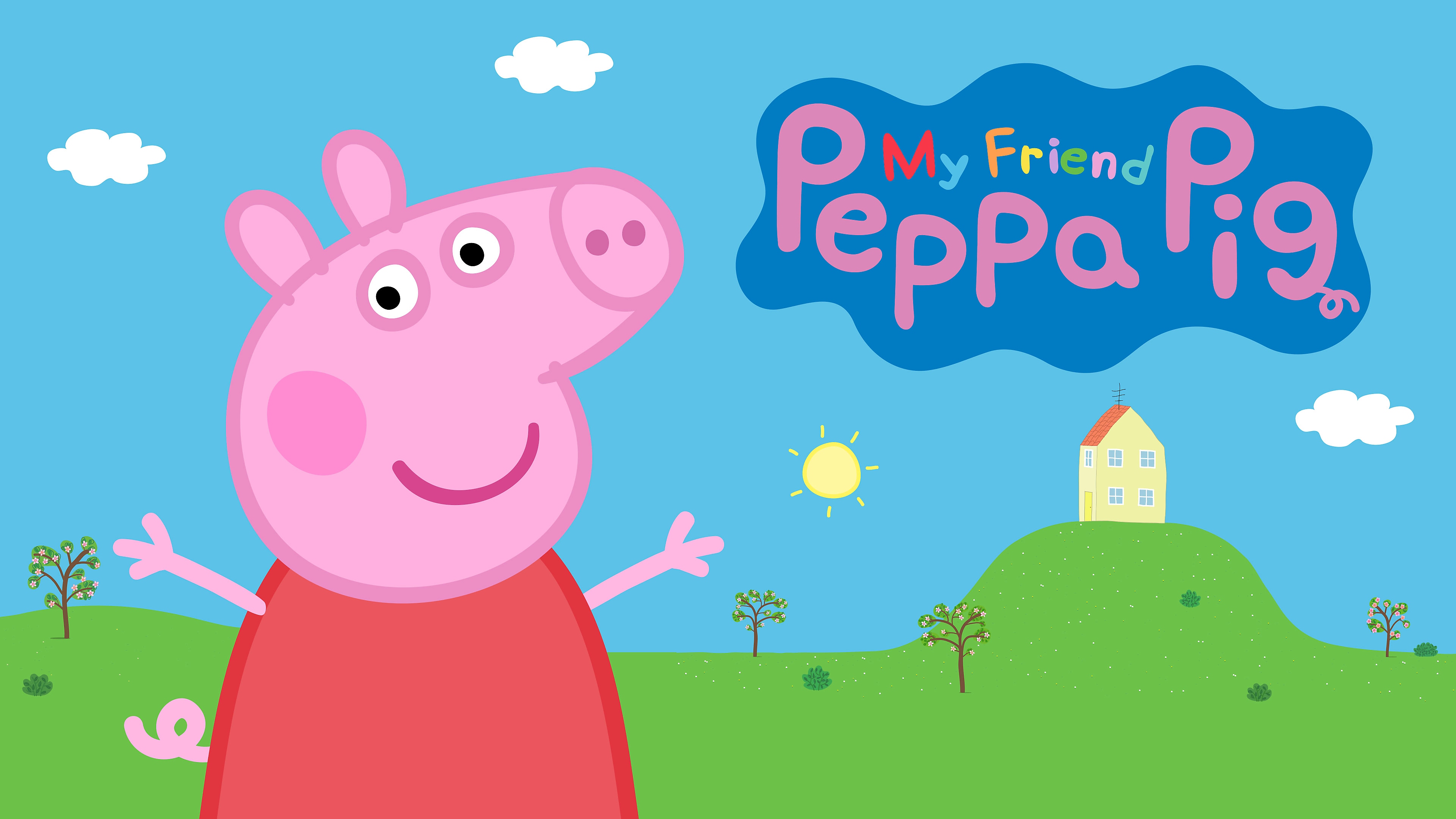 Peppa som vinker foran huset sitt i My Friend Peppa Pig til PS4 og PS5