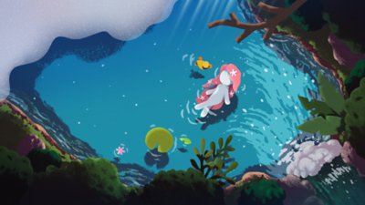 Naiad key artwork showing a character with pink hair floating in some water