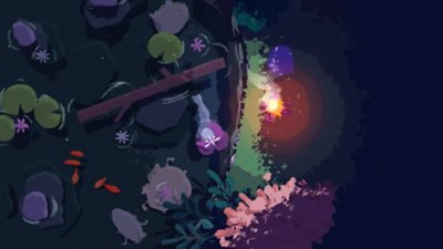 《Naiad》螢幕截圖，呈現一名角色沿著河岸的火光漂流