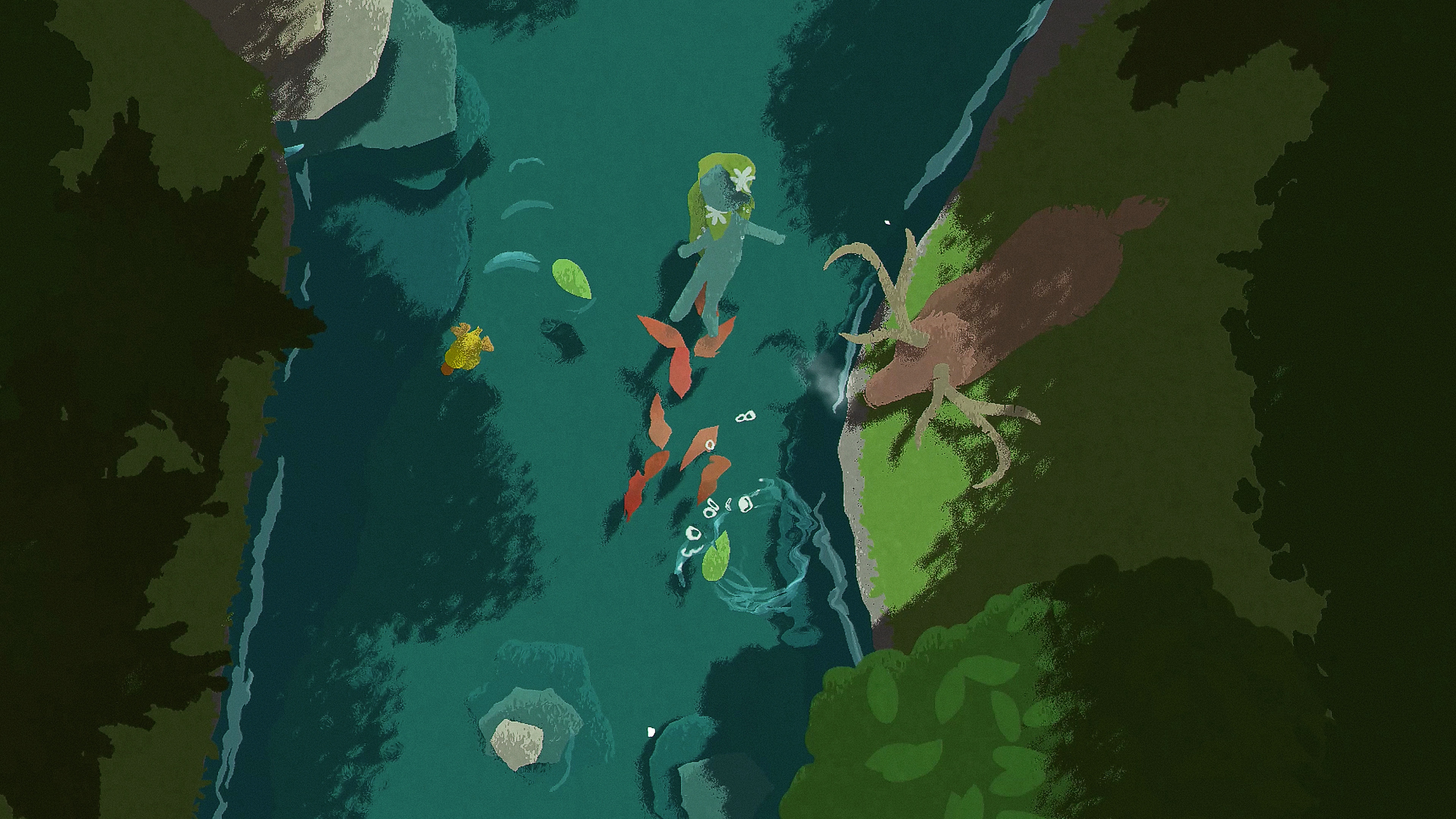 Captura de pantalla de Naiad que muestra a un personaje flotando por un río mientras un ciervo se encuentra de pie en la orilla del río
