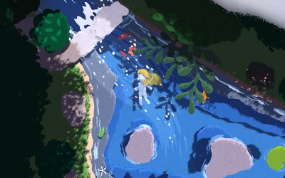 Naiad-Screenshot, der einen Charakter zeigt, wie er einen Fluss hinuntertreibt