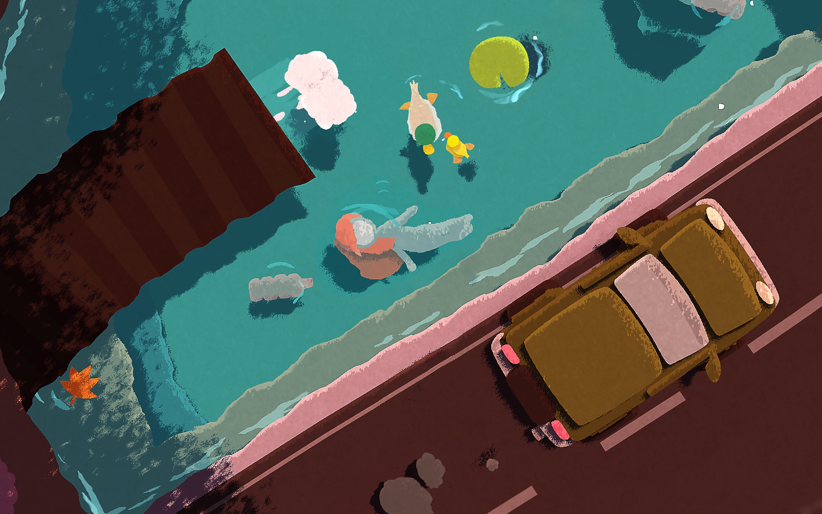 Naiad-screenshot van een personage dat in een rivier drijft onder een brug met auto's daarop