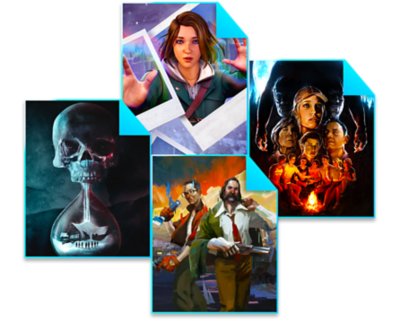 Sammansatt bild med key art från Life is Strange: Double Exposure, Until Dawn, Disco Elysium – The Final Cut och The Quarry.