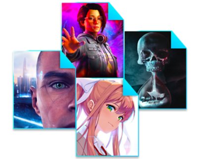 Composite image featuring key art from Life is Strange: True Colours, Detroit: Become Human, Doki Doki Literature Club Plus and Until Dawn.