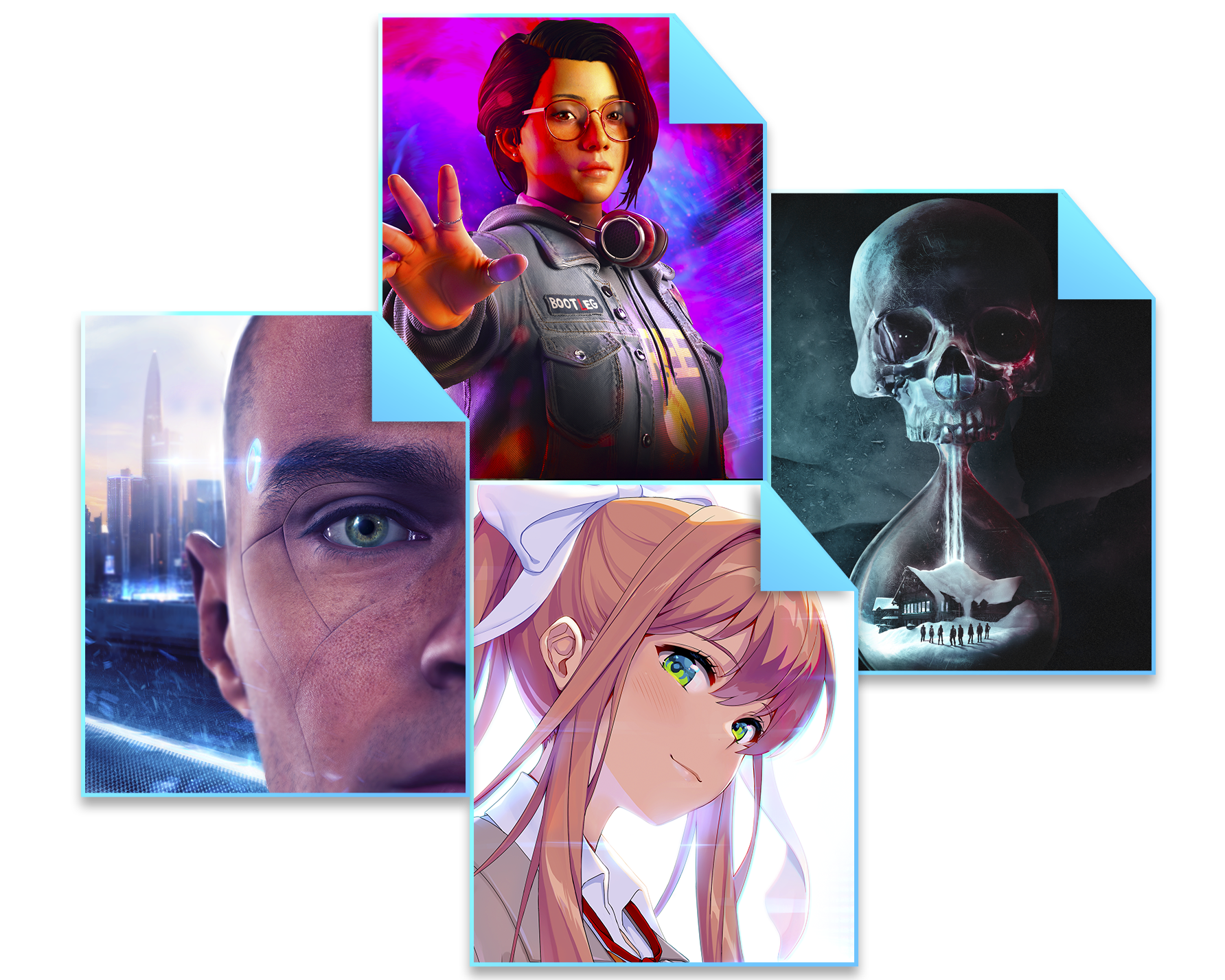 Composite image featuring key art from Life is Strange: True Colours, Detroit: Become Human, Doki Doki Literature Club Plus and Until Dawn.