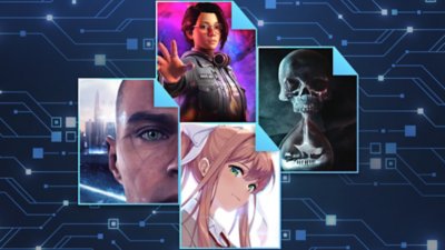 Best narrative games on PS4 and PS5 promotional art, featuring key art from Detroit: Become Human, Life is Strange: True Colours, Until Dawn and Doki Doki Literature Club Plus.