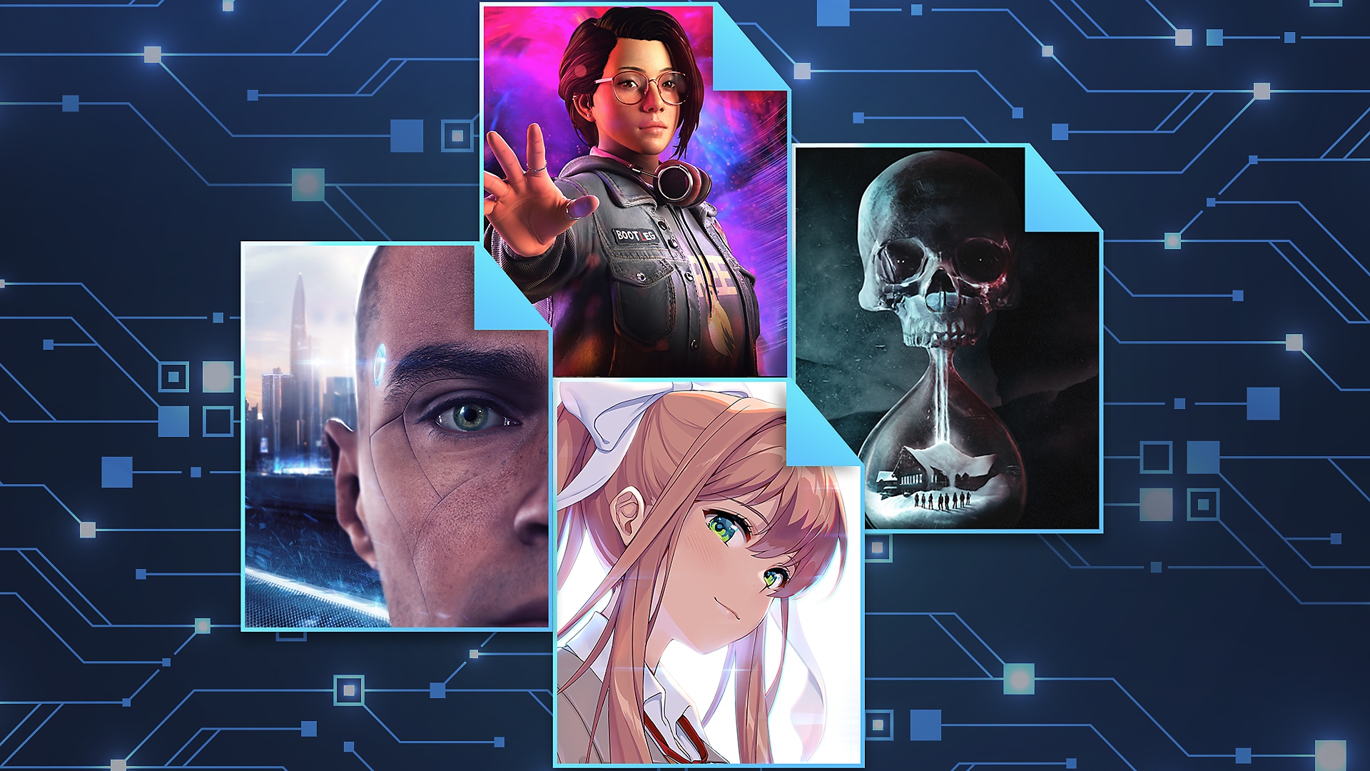 Narrative games promotional artwork featuring key art from Life is Strange: True Colours, Detroit: Become Human, Doki Doki Literature Club Plus and Until Dawn.