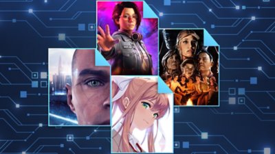 Grafica chiave promozionale dei migliori giochi narrativi con Detroit: Become Human, Life is Strange: True Colors, Doki Doki Literature Club Plus e The Quarry