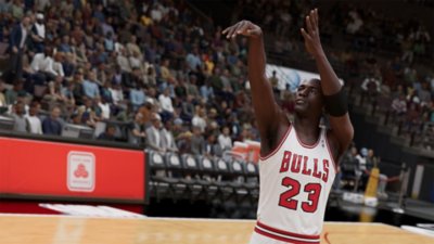 Captura de pantalla de NBA 2K23 temporada 9 con Michael Jordan haciendo un tiro en suspensión