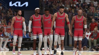 Captura de pantalla de NBA 2K25 que muestra a cinco jugadores de los Chicago Bulls entrando en la cancha