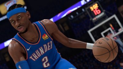 Captura de pantalla de NBA 2K26 que muestra un primer plano de un jugador con el balón