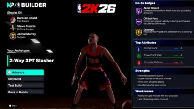 Captura de pantalla que muestra las opciones de personalización de Mi JUGADOR en NBA 2K26