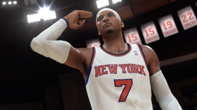 Captura de pantalla de NBA 2K26 que muestra a un jugador de Nueva York llevando el número 7