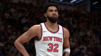 NBA 2K26 screenshot showing Karl-Anthony Towns Jr in a New York Knicks strip
