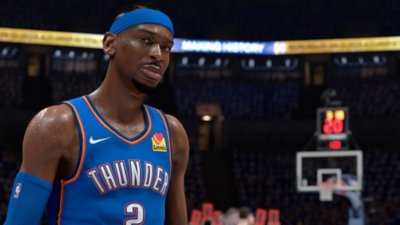 NBA 2K26 screenshot showing Oklahoma Thunder player Shai Gilgeous-Alexander in a blue strip and headband