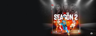 《NBA 2K26》第2賽季背景美術設計，顯示3位球員領銜登場