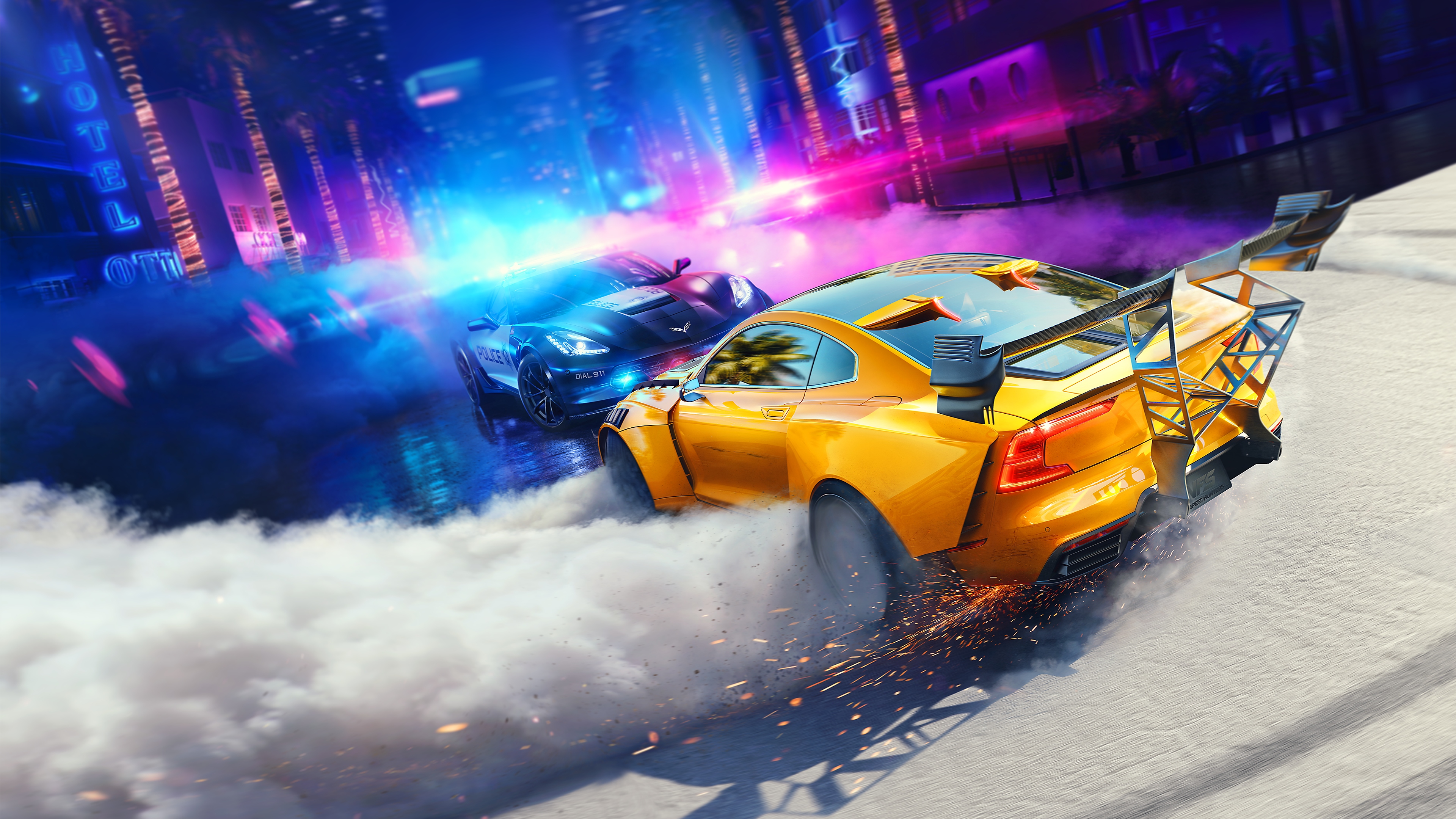 ภาพหลักของ Need for Speed Heat ซึ่งเป็นภาพรถกำลังเบิร์นยาง