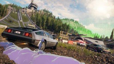 Captura de tela de Need for Speed Unbound Volume 3 mostrando um DMC DeLorean correndo por um percurso de obstáculos