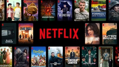 Logotipo de Netflix rodeado por contenido disponible en el servicio