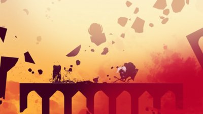 Neva screenshot showing Alba encountering a large enemy on a crumbling bridge