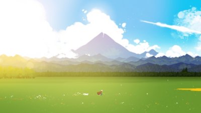 Neva screenshot showing Alba and the wolf cub in a field with a large mountain in the background