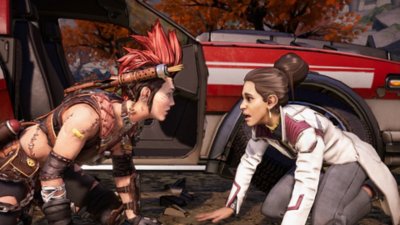 Pantalla de Nuevo Tales from the Borderlands con Anu y Stapleface hablando mientras se esconden detrás de un coche